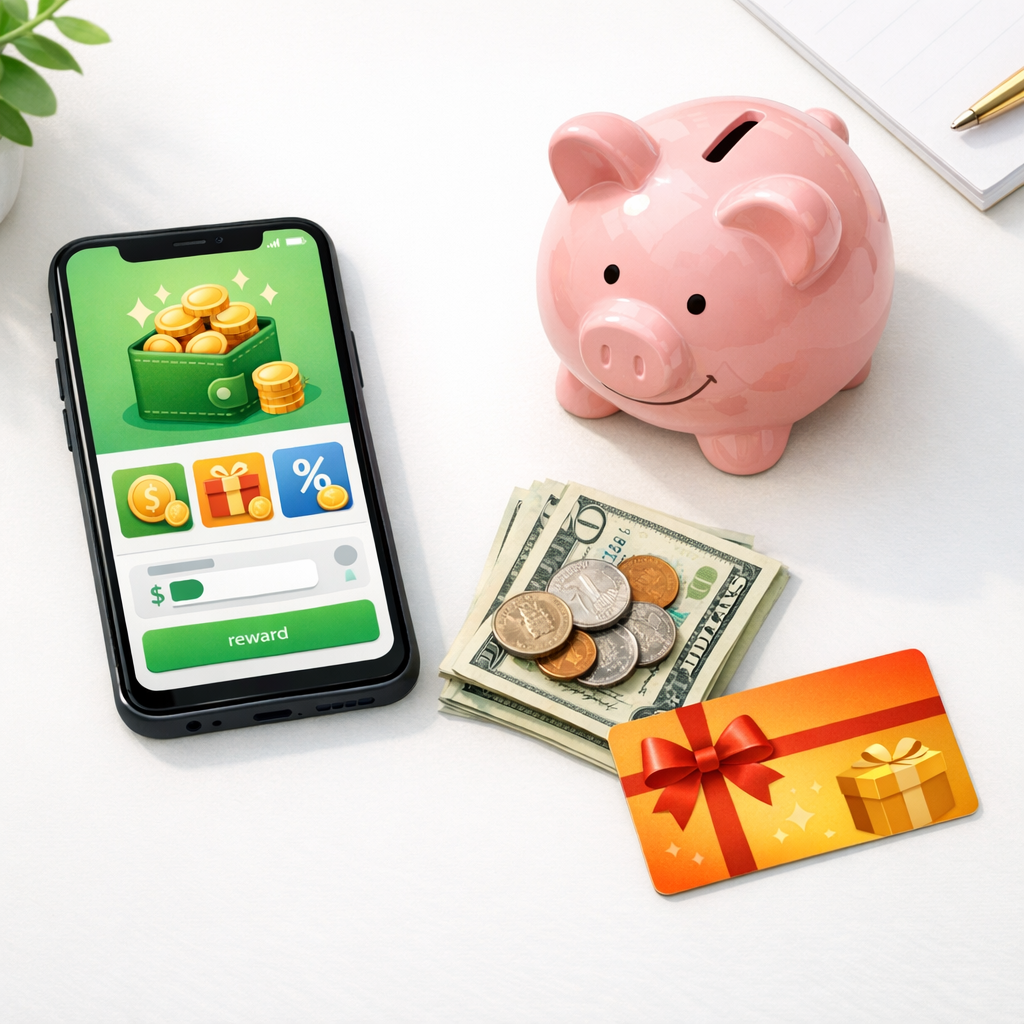 A cashback app on a phone beside cash, coins, a piggy bank and a gift card representing free money opportunities