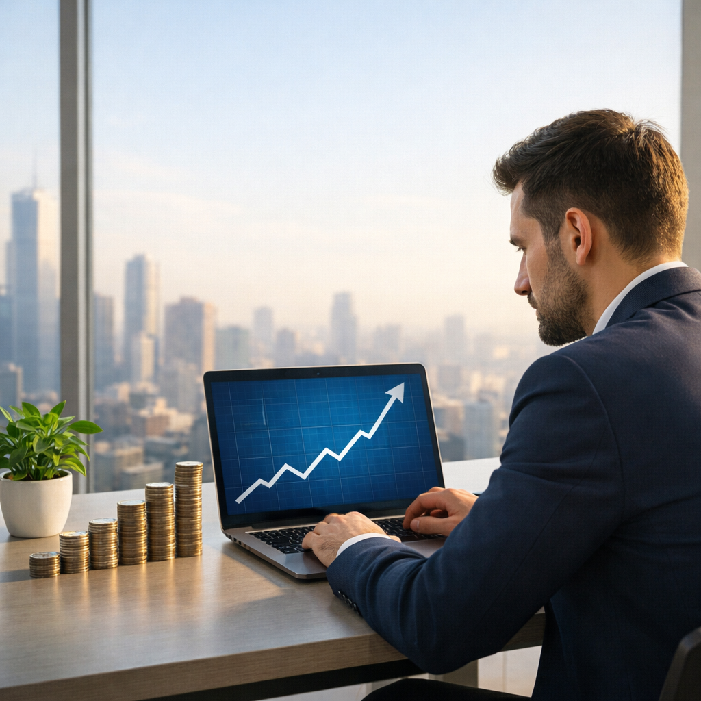 Entrepreneur reviewing a rising income growth chart on a laptop beside progressively taller stacks of coins with a city skyline in the background