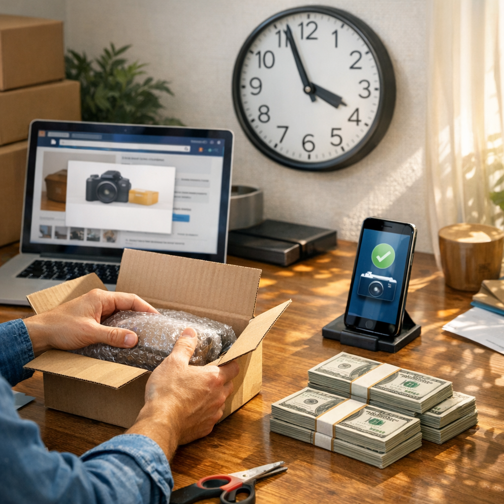 Person packing a sold item beside a laptop showing an online marketplace sale and a phone with a payment notification, illustrating fast ways to earn money in 24 hours