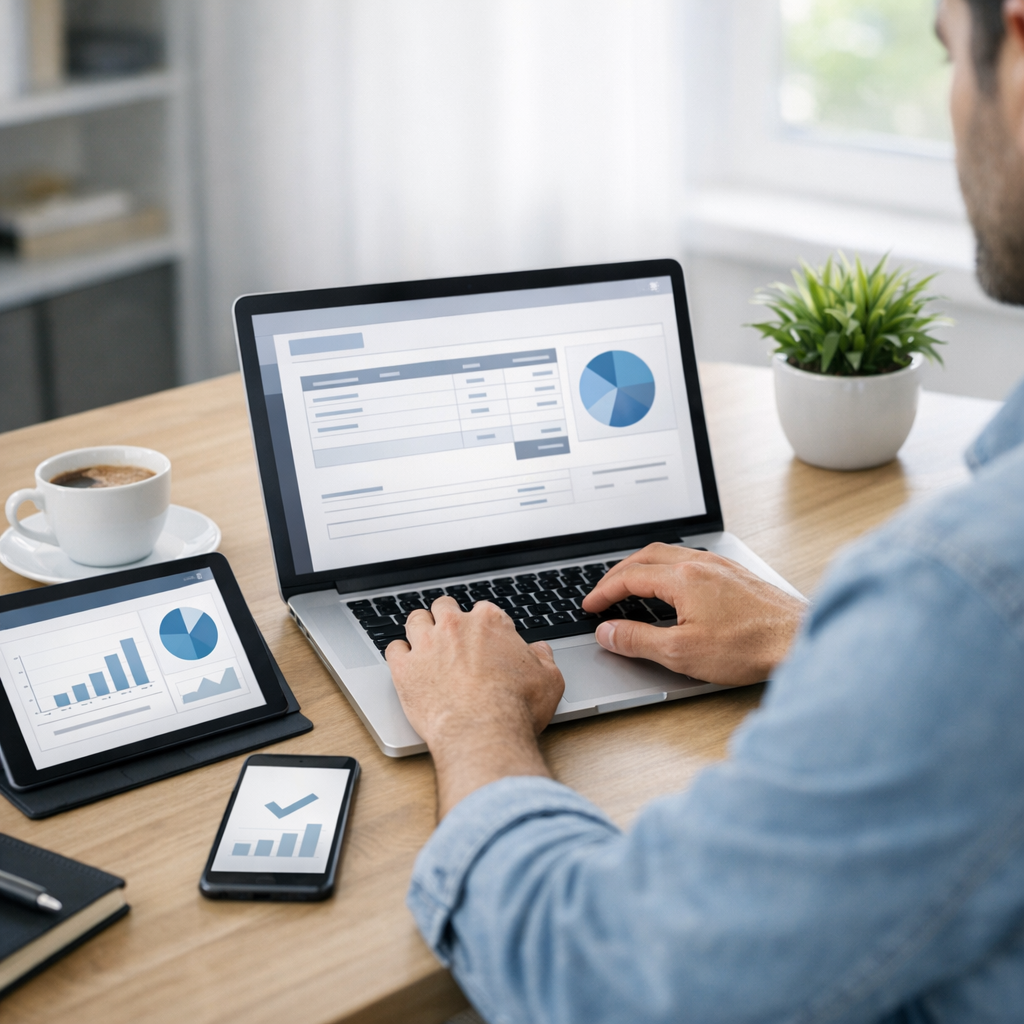 Small business owner using online invoicing software on a laptop with a tablet and phone showing clean billing dashboards in a bright modern office