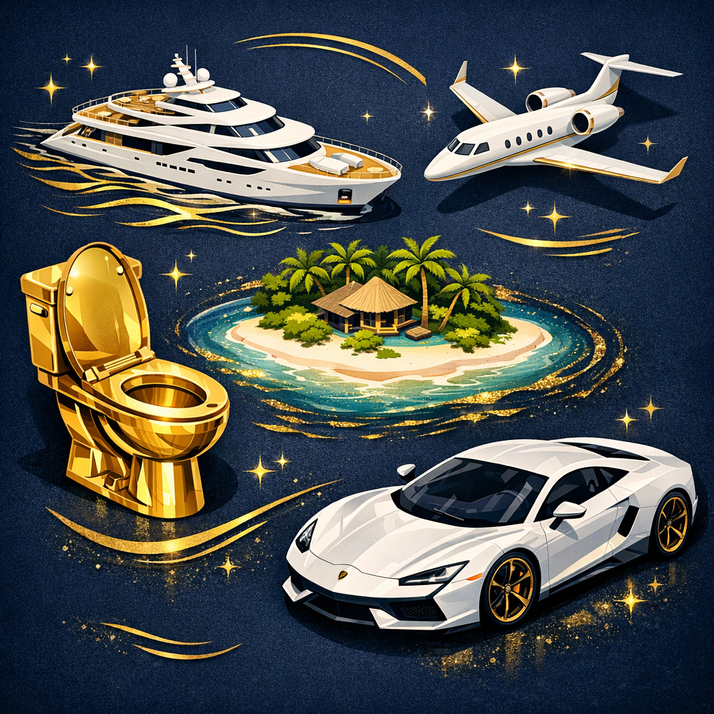 Collection of expensive things rich people buy including a superyacht, private jet, private island and luxury car