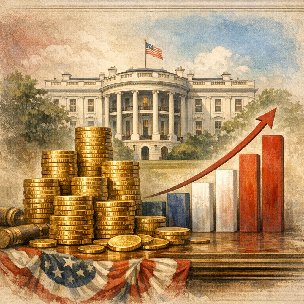 Concept image of presidential wealth with a White House style mansion, gold coins and a rising net worth chart