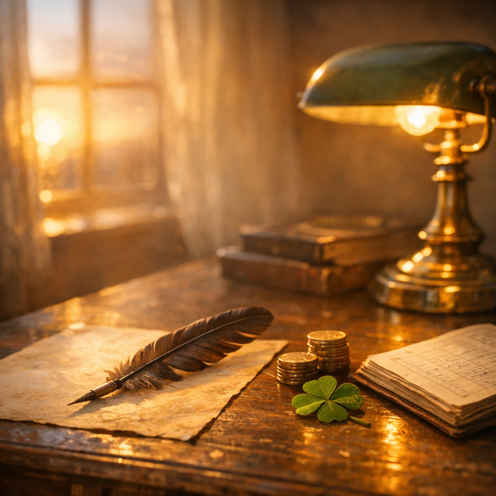 Antique writing desk at sunrise with quill, parchment, coins and a four-leaf clover symbolizing how hard work creates luck