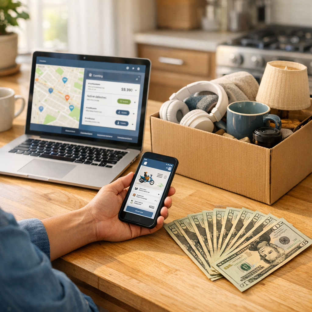 Person at a kitchen table earning 0 fast with a gig app on a laptop, cash, and a box of items to sell