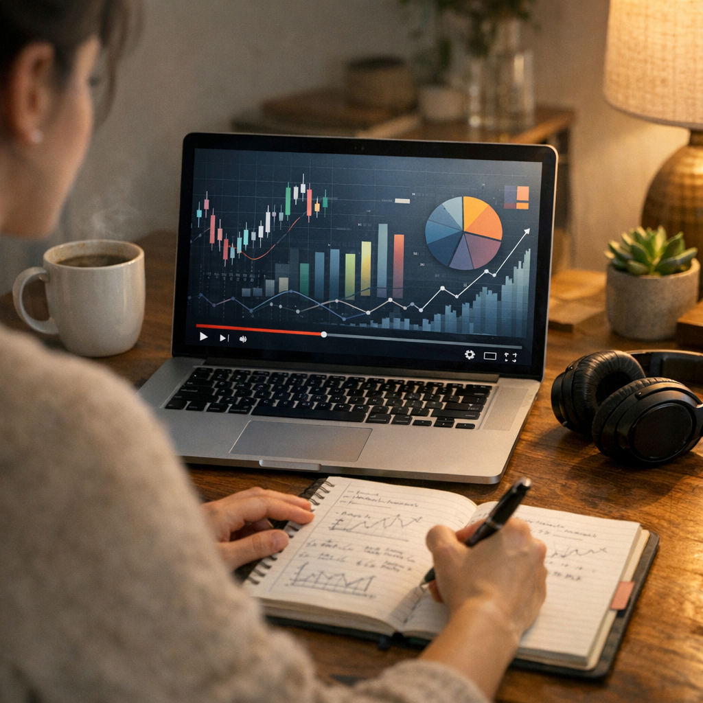 Person watching a finance education video on a laptop with charts, taking notes at a home desk
