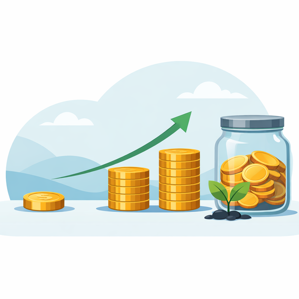 Two growing stacks of gold coins with an upward arrow illustrating realistic ways to double your money over time