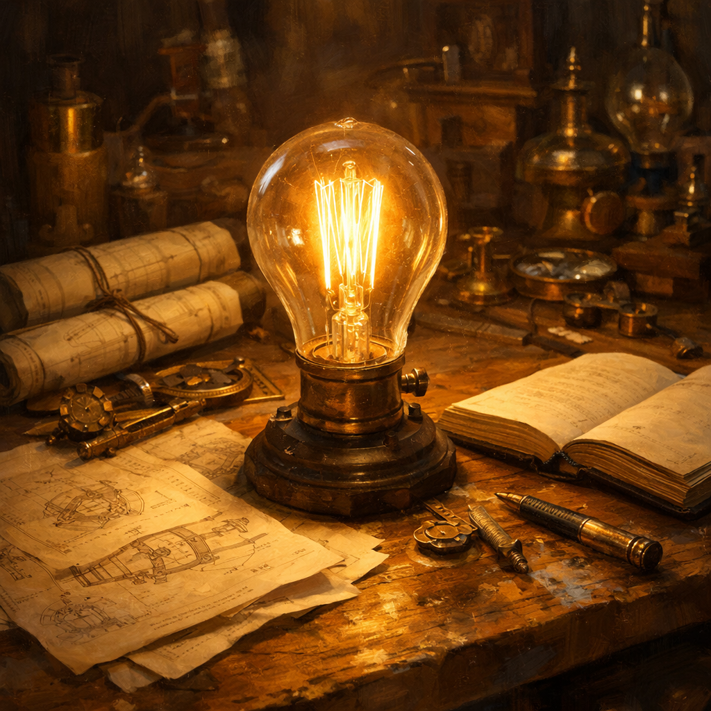 A glowing vintage light bulb on an inventor's workbench evoking Thomas Edison's persistence behind his famous light bulb quote