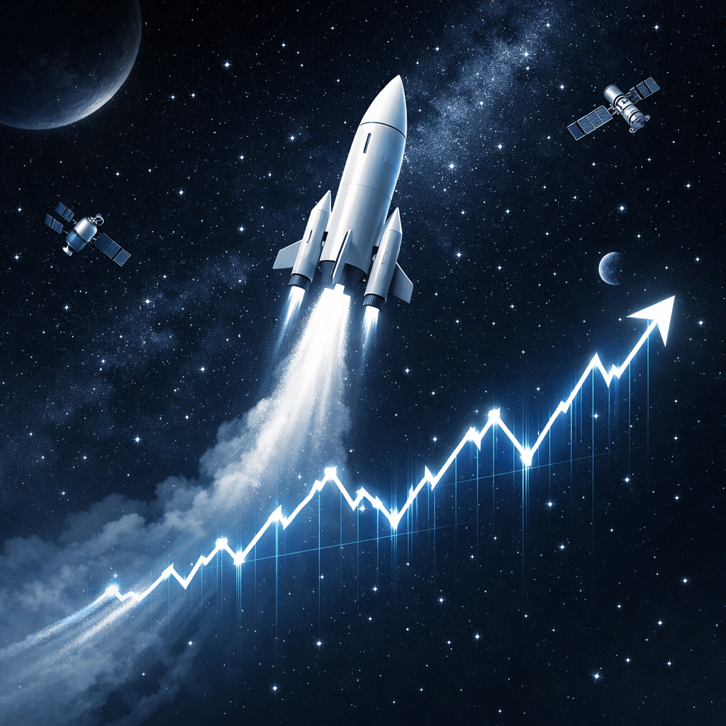 A rocket rising alongside an upward stock chart symbolizing investor interest in a potential SpaceX IPO