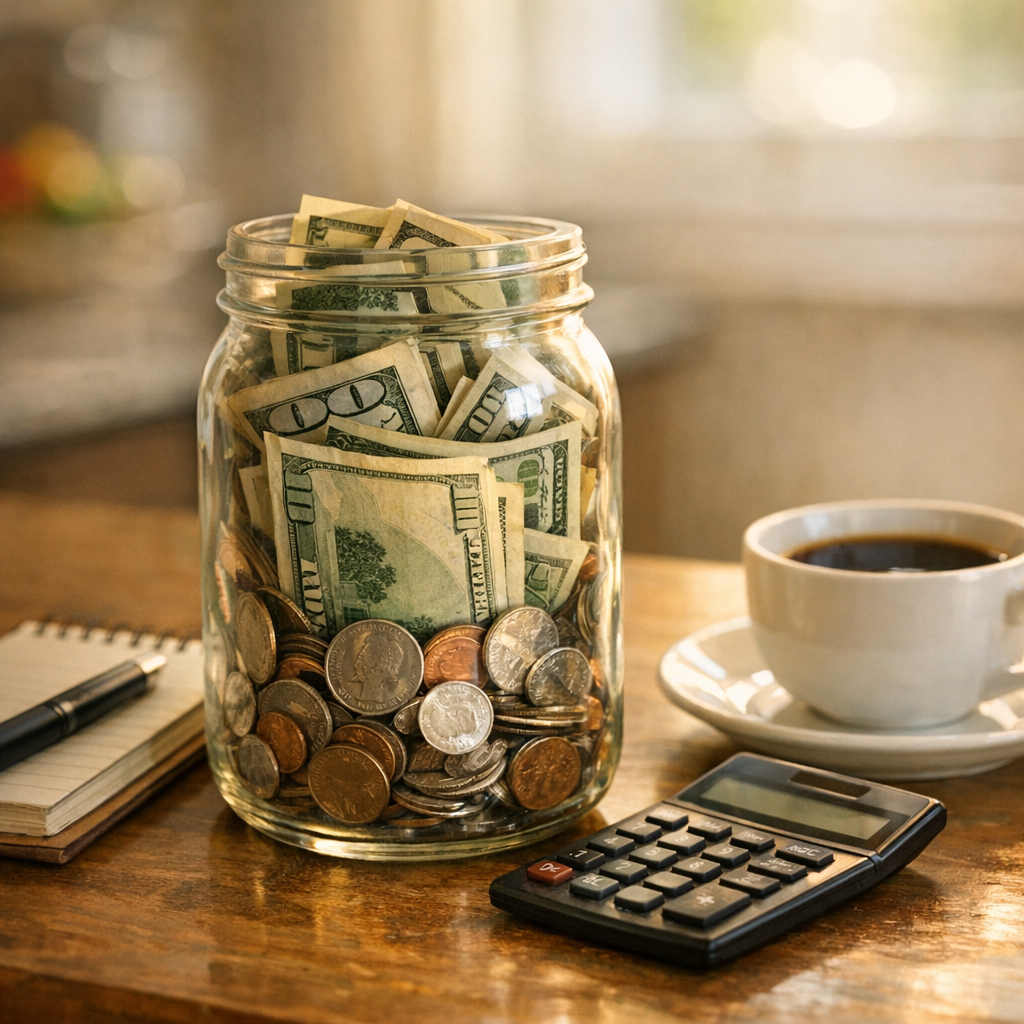 A glass jar of cash and coins on a kitchen table representing an emergency cash reserve