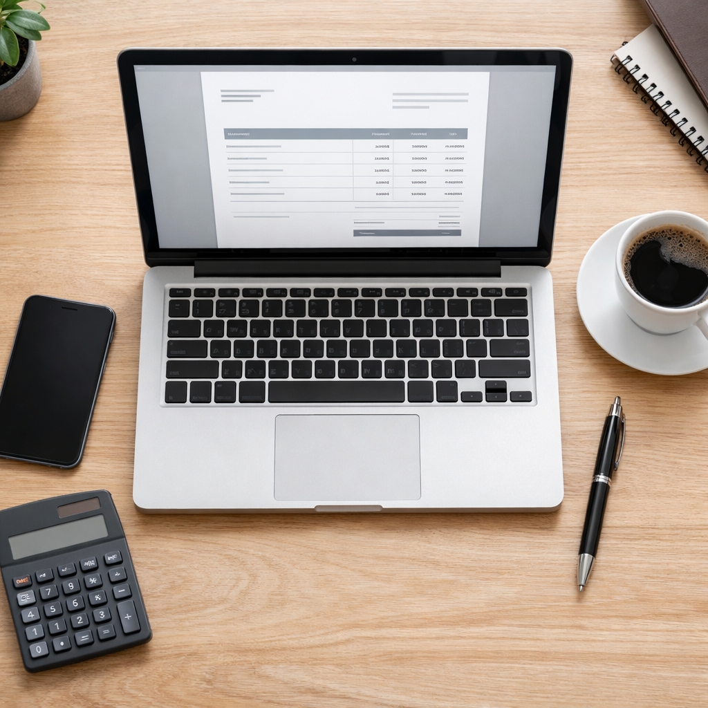 A laptop showing a professional invoice on a freelancer's tidy desk with a calculator and phone