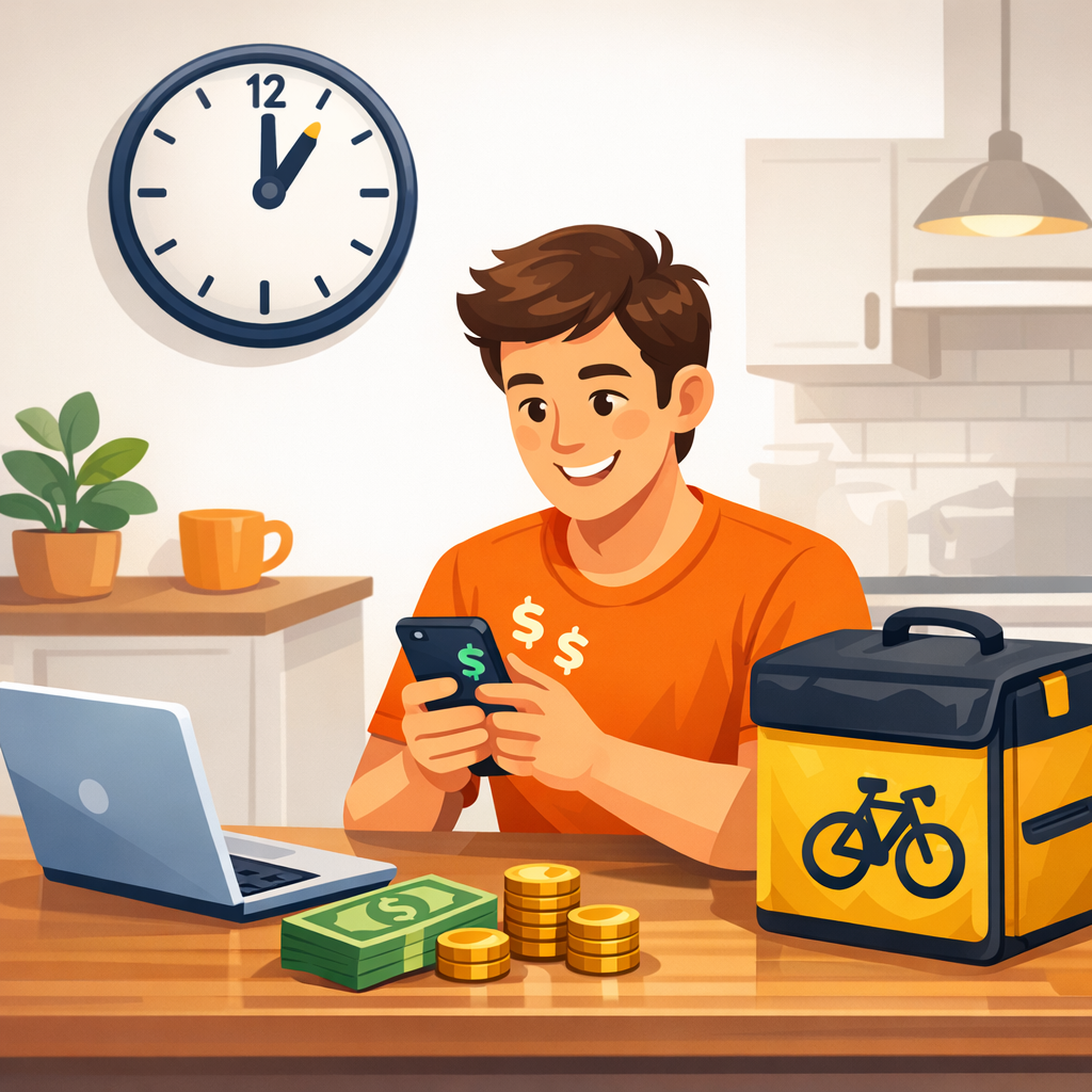 Person using a smartphone at a table with a clock, cash, and a delivery bag, illustrating ways to make money in one hour