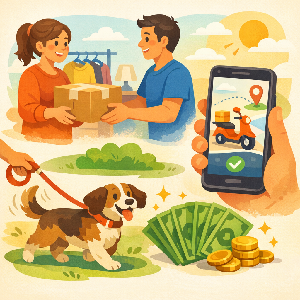 Illustration of side hustles like reselling, dog walking, and app delivery alongside cash, showing ways to make 600 dollars fast