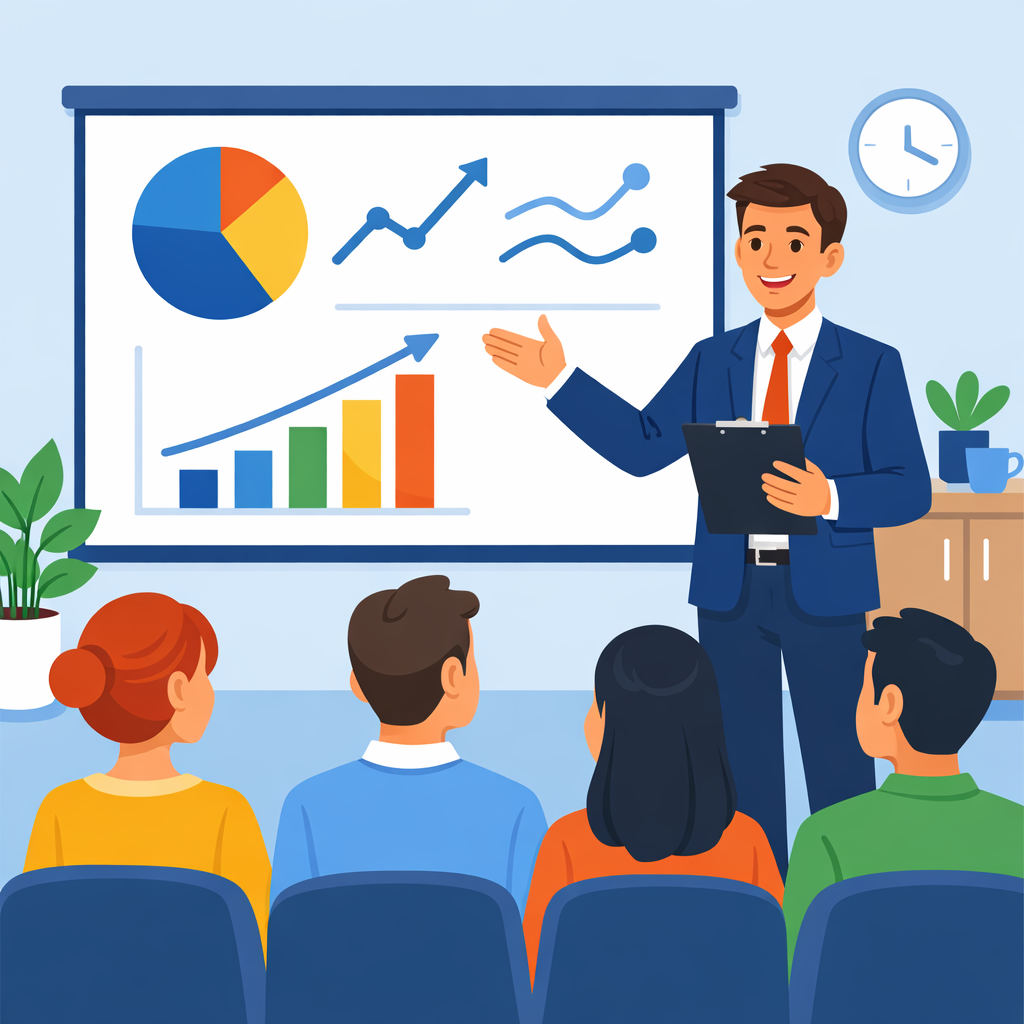 A professional delivering a business presentation beside a screen with charts to an engaged audience in a meeting room