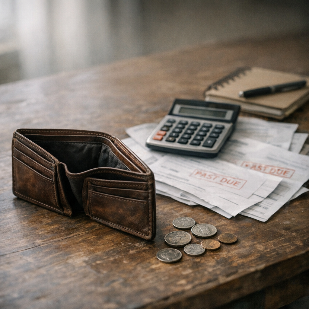 An empty wallet with a few coins, a calculator, and past-due bills representing what is considered broke