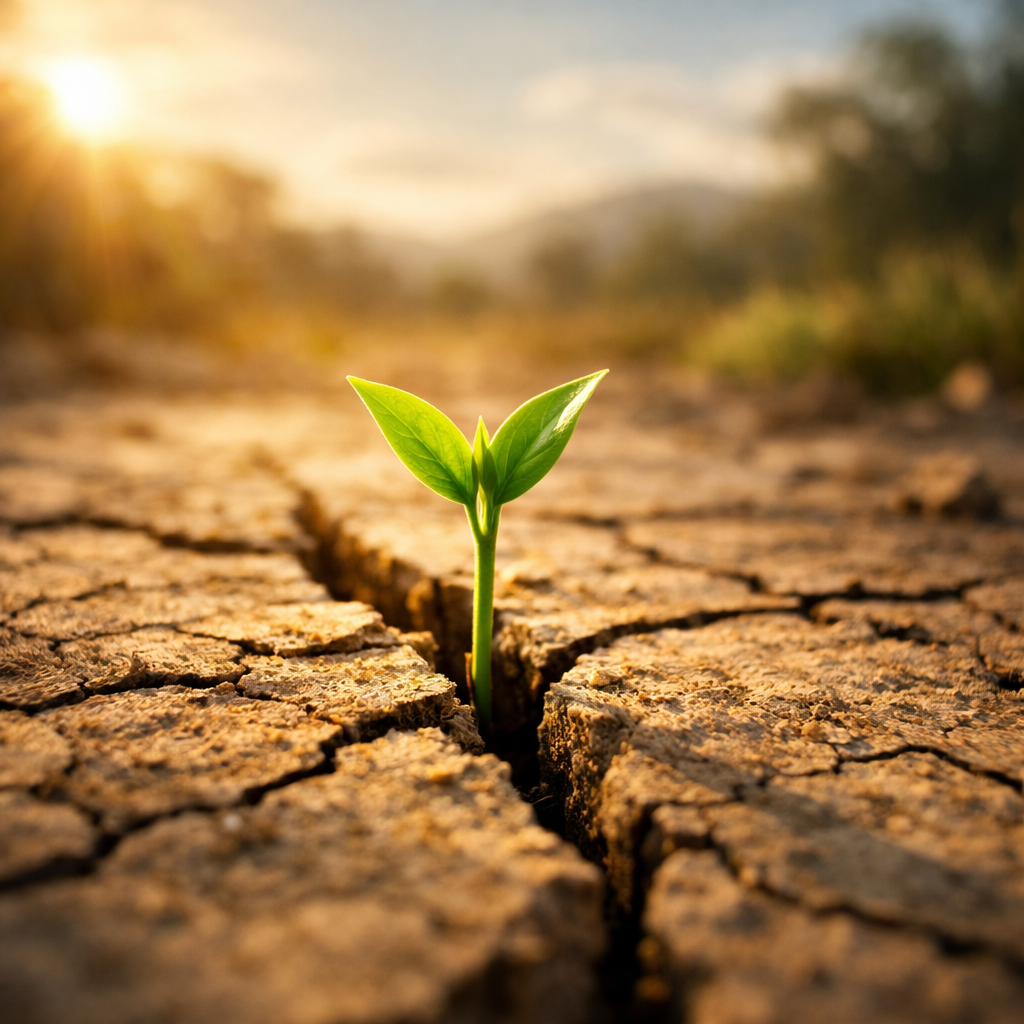 A seedling growing through cracked earth toward sunlight, illustrating Charles Darwin's quote about being responsive to change