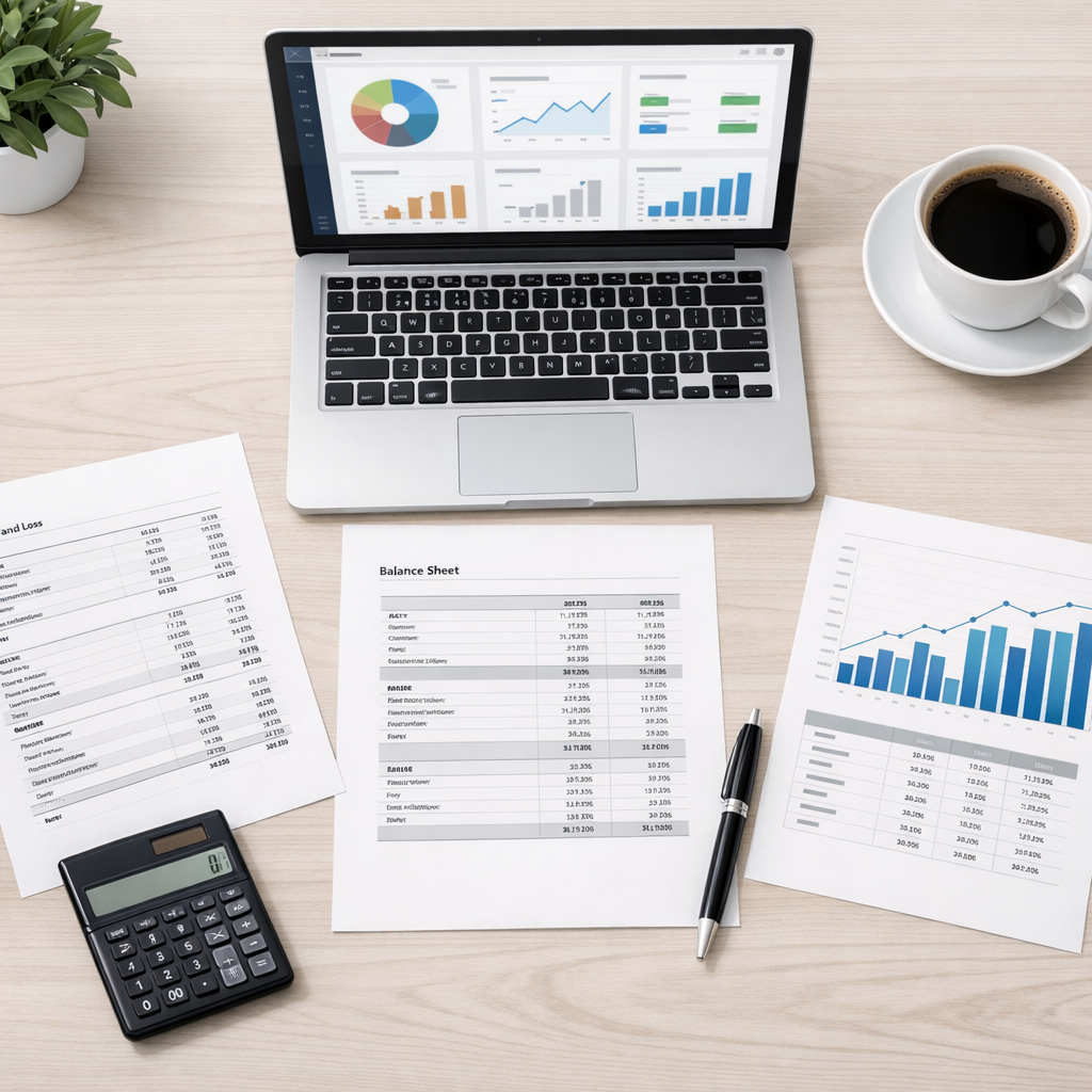 A small business desk with printed profit and loss statement, balance sheet, and charts representing the most important accounting reports