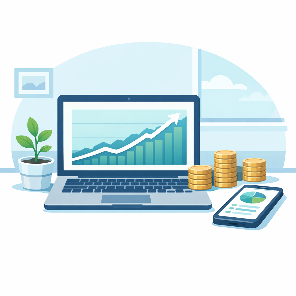 Beginner investor's desk with a laptop showing a rising index fund chart, a growing plant and stacked coins representing long-term investment returns