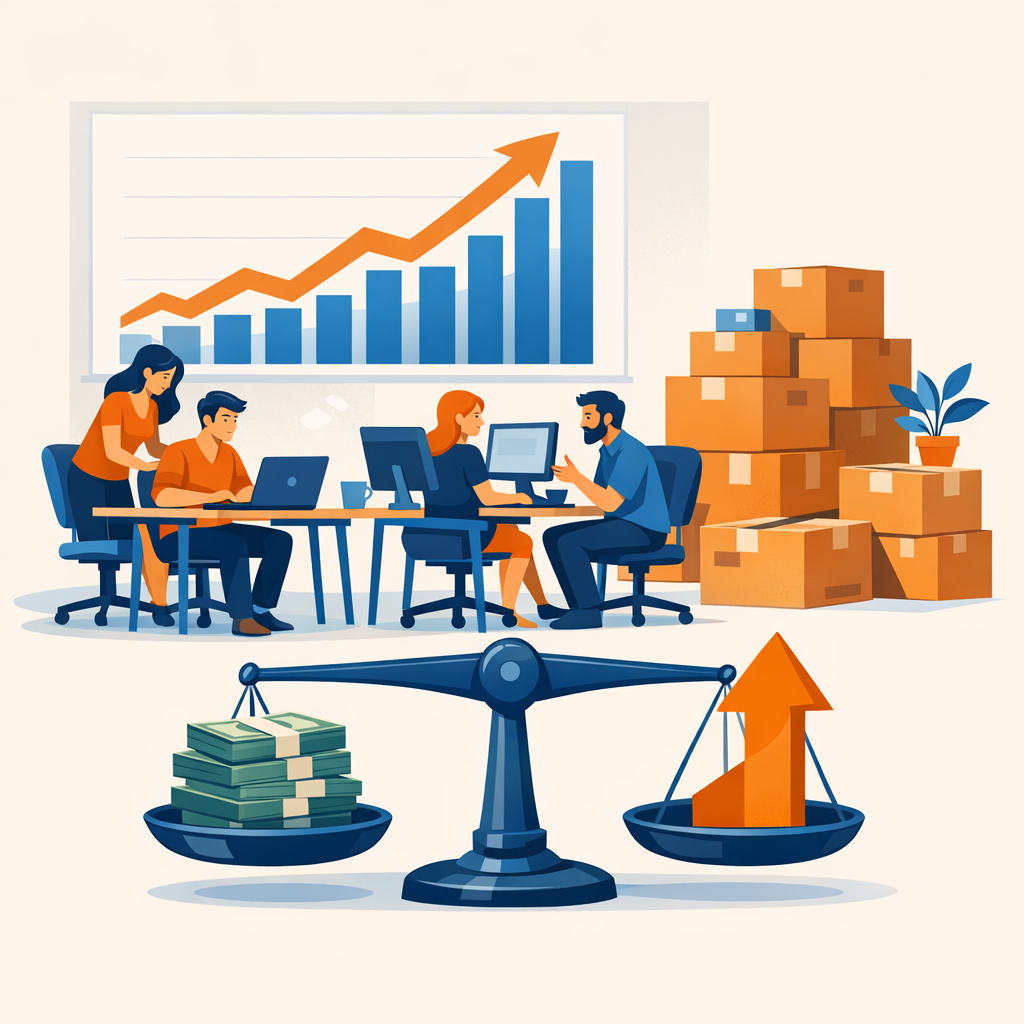 A growing startup team beside a rising growth chart and a balance scale weighing cash flow against rapid business expansion