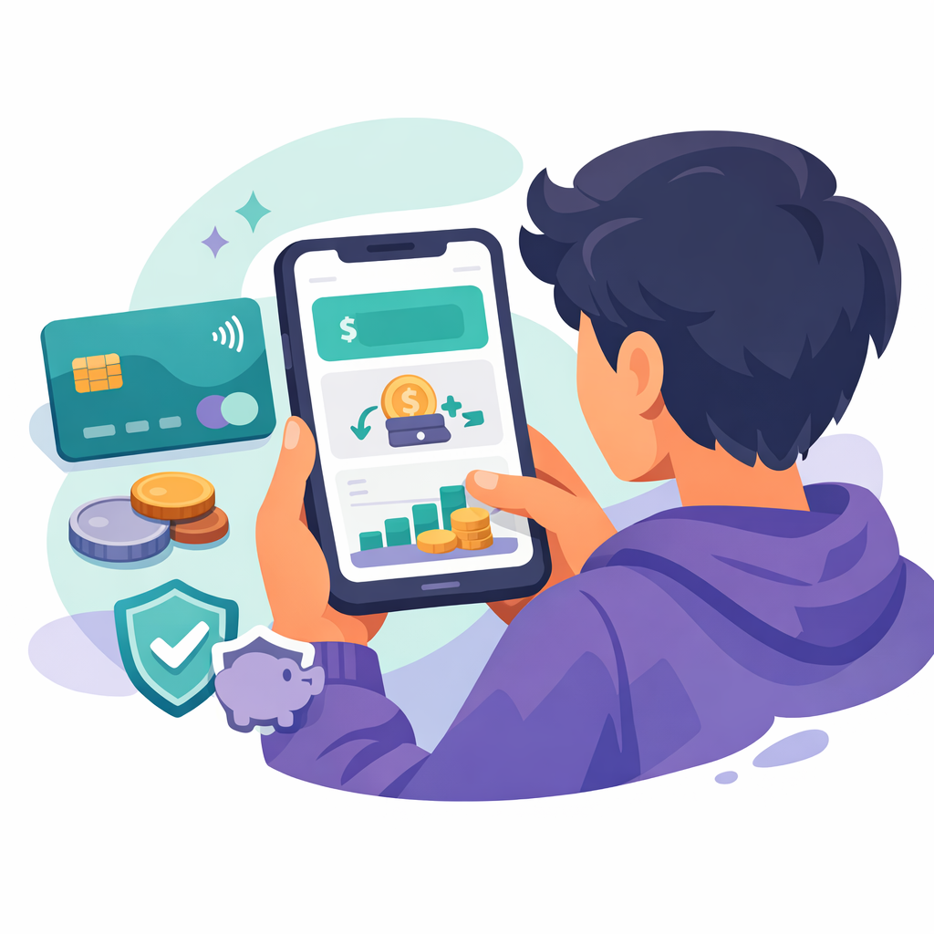 A young person using a mobile banking app on a smartphone with a debit card and savings icons representing the best banks for millennials