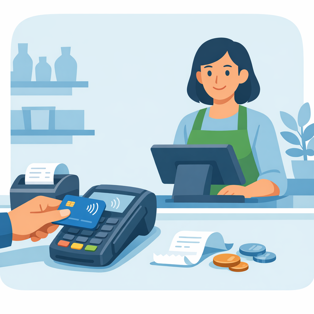 Customer paying with a debit card at a small business payment terminal, illustrating regulated and unregulated debit interchange fees