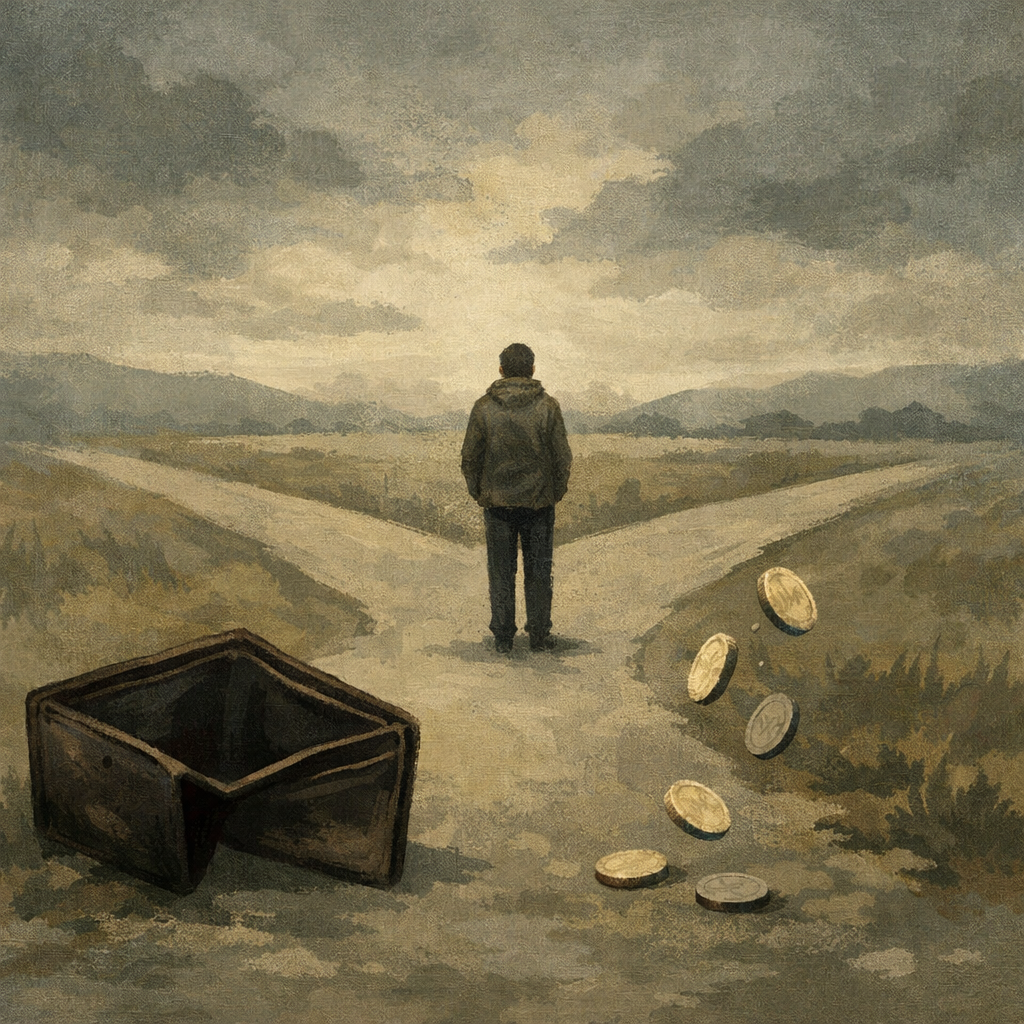 A lone figure at a crossroads with an empty wallet and falling coins, illustrating the idea that lack of money is the root of all evil