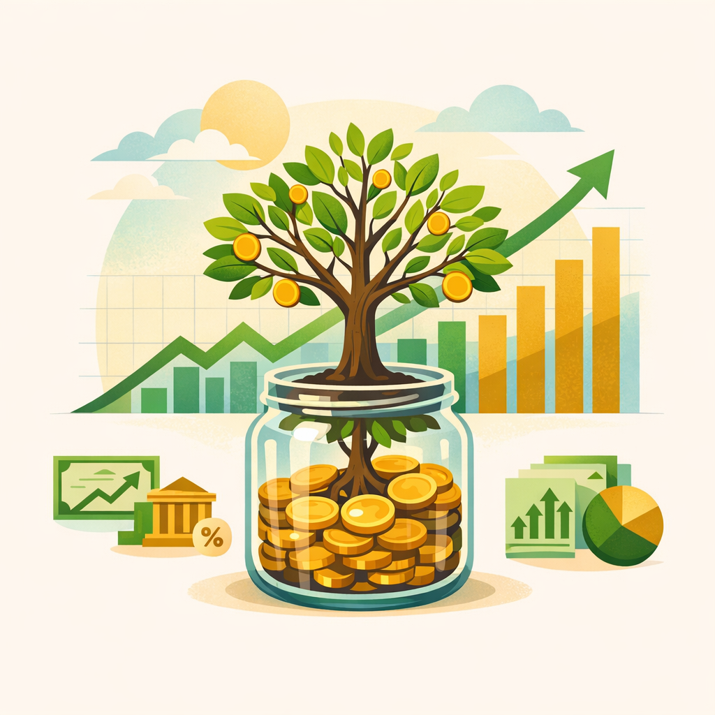 A coin jar growing into a tree beside a rising portfolio chart, illustrating long-term investments for retirement