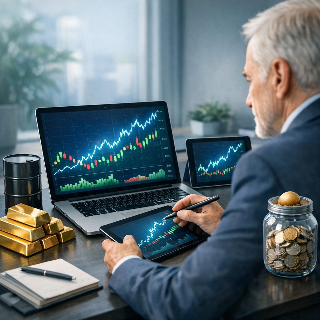 Retiree reviewing S&P 500 index futures and commodity charts while managing a Roth IRA futures trading strategy