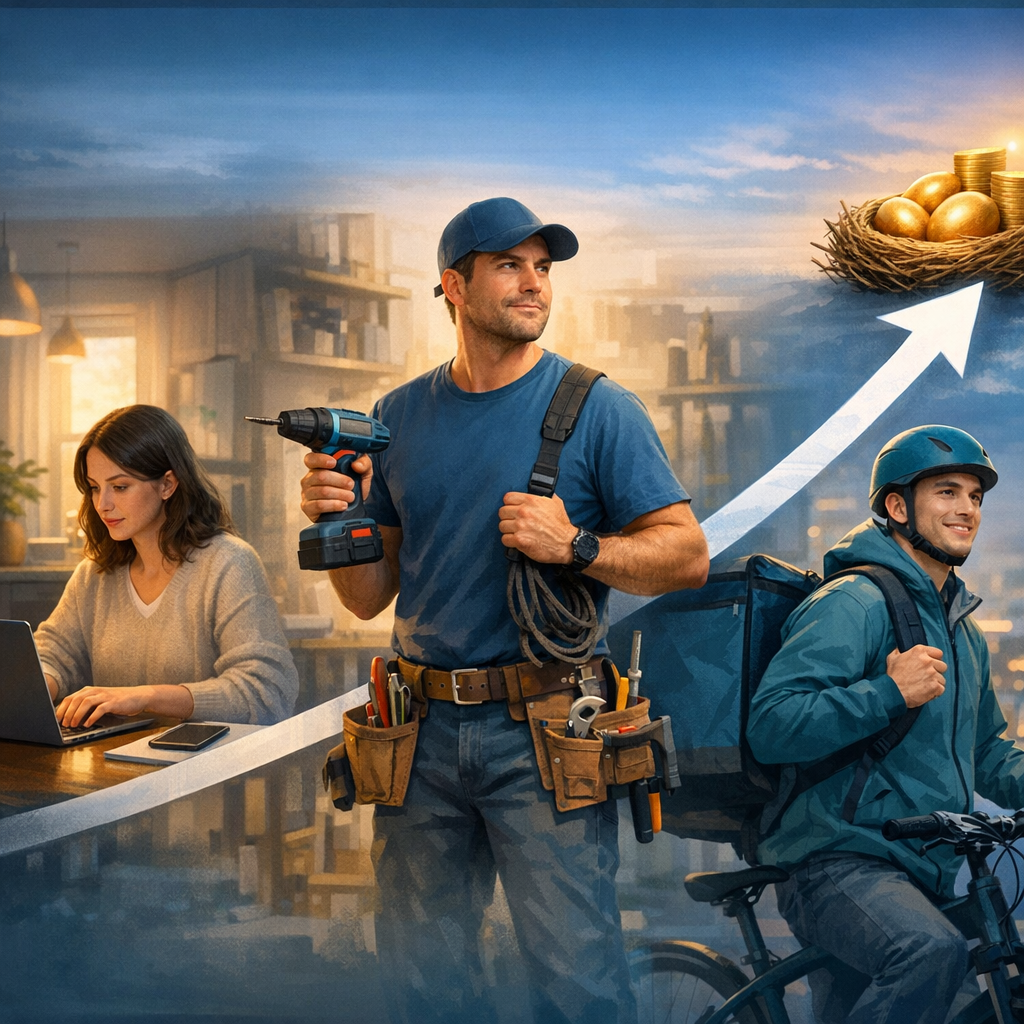 Freelancer, handyman, and delivery courier representing recession-proof side hustles that build wealth during a downturn