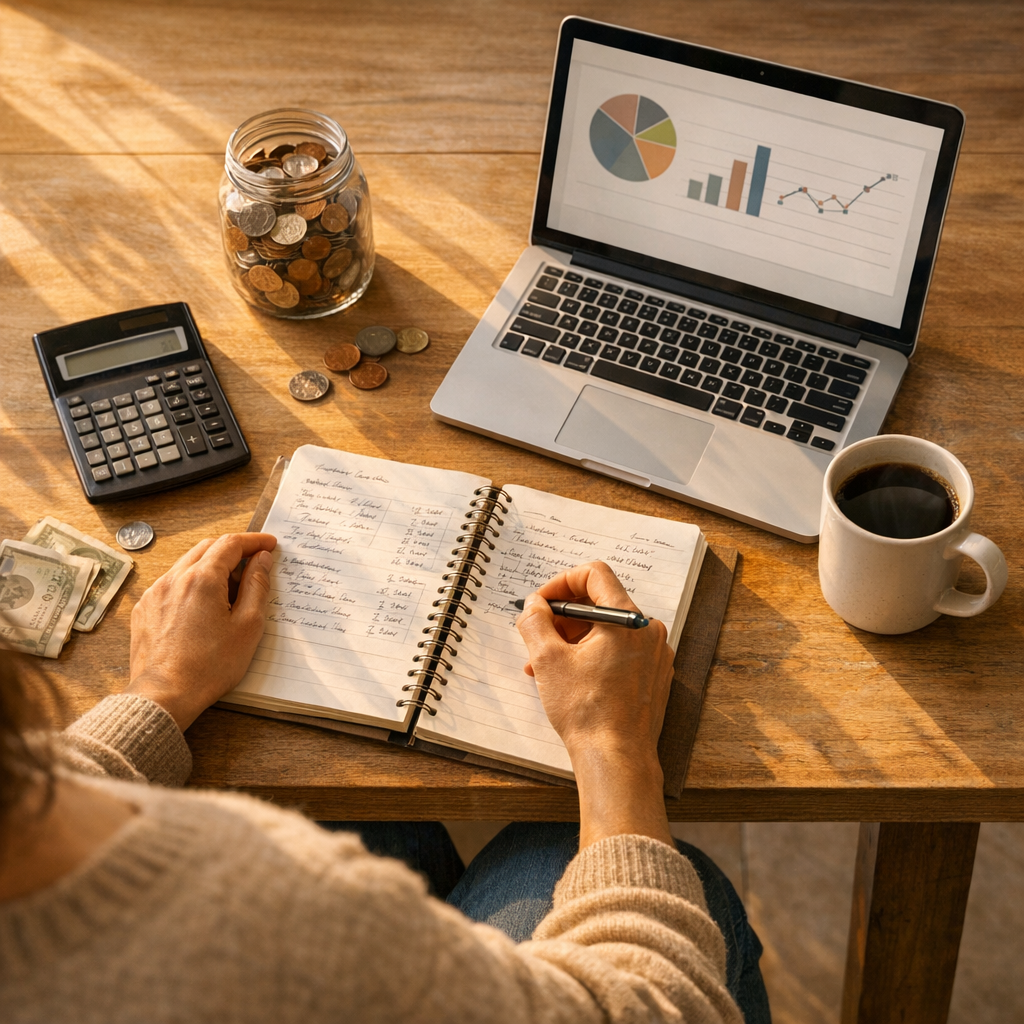Person reviewing a household budget with a notebook, calculator and laptop, symbolizing taking control of finances to break the cycle of poverty