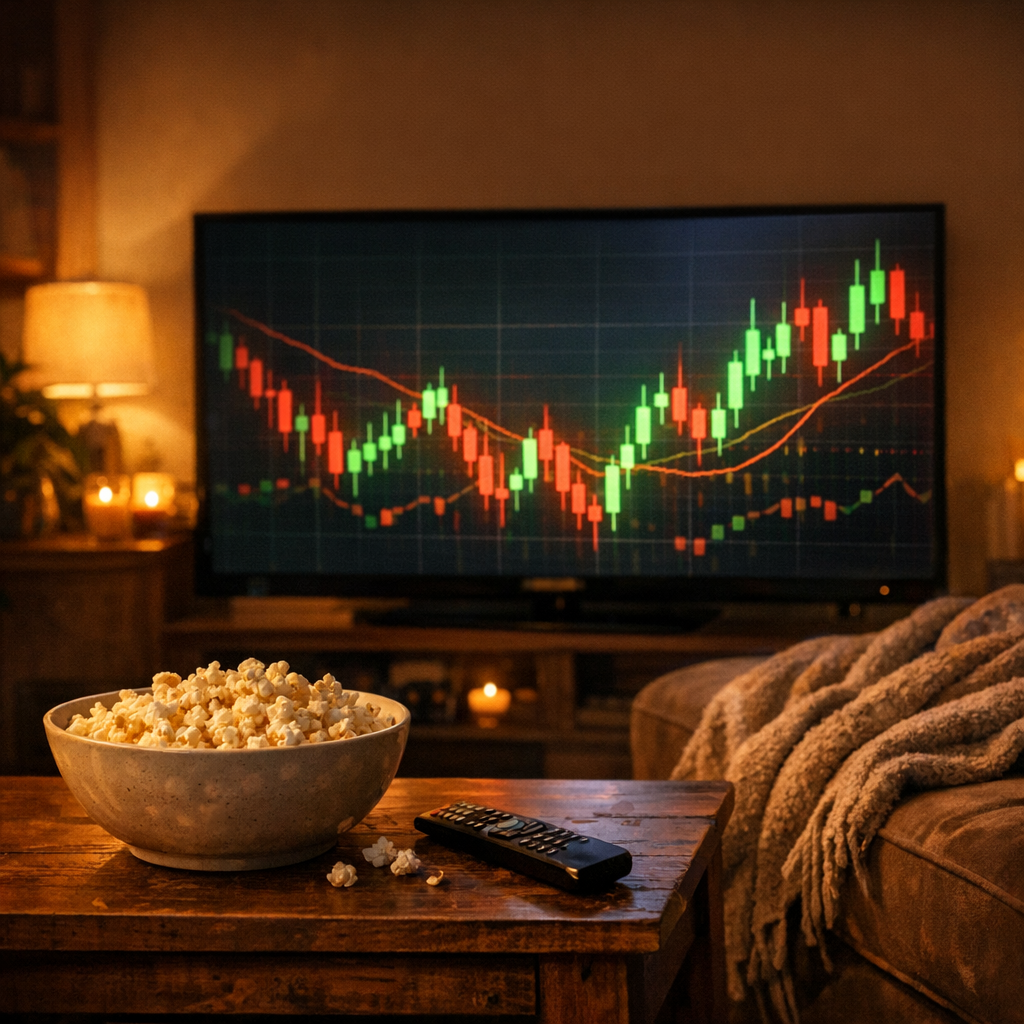 Cozy movie-night living room with popcorn and a TV showing stock-market charts, illustrating the best finance movies