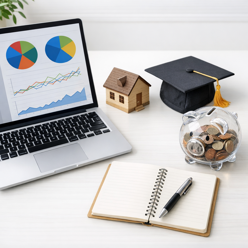 Desk flat-lay with a laptop showing portfolio charts, a model house, graduation cap and piggy bank, representing different types of investment accounts