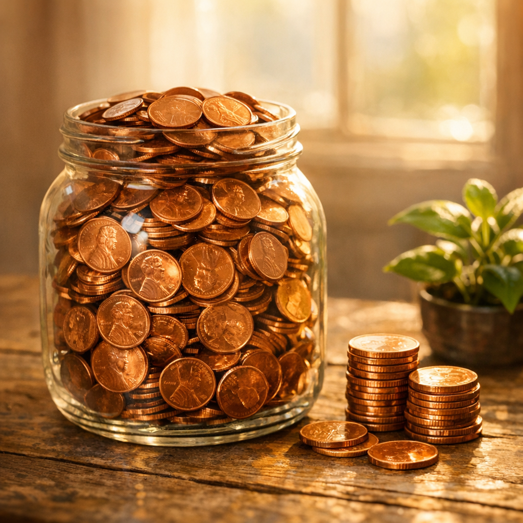 A glass jar overflowing with copper coins beside a small plant, illustrating the saying a penny saved is a penny earned