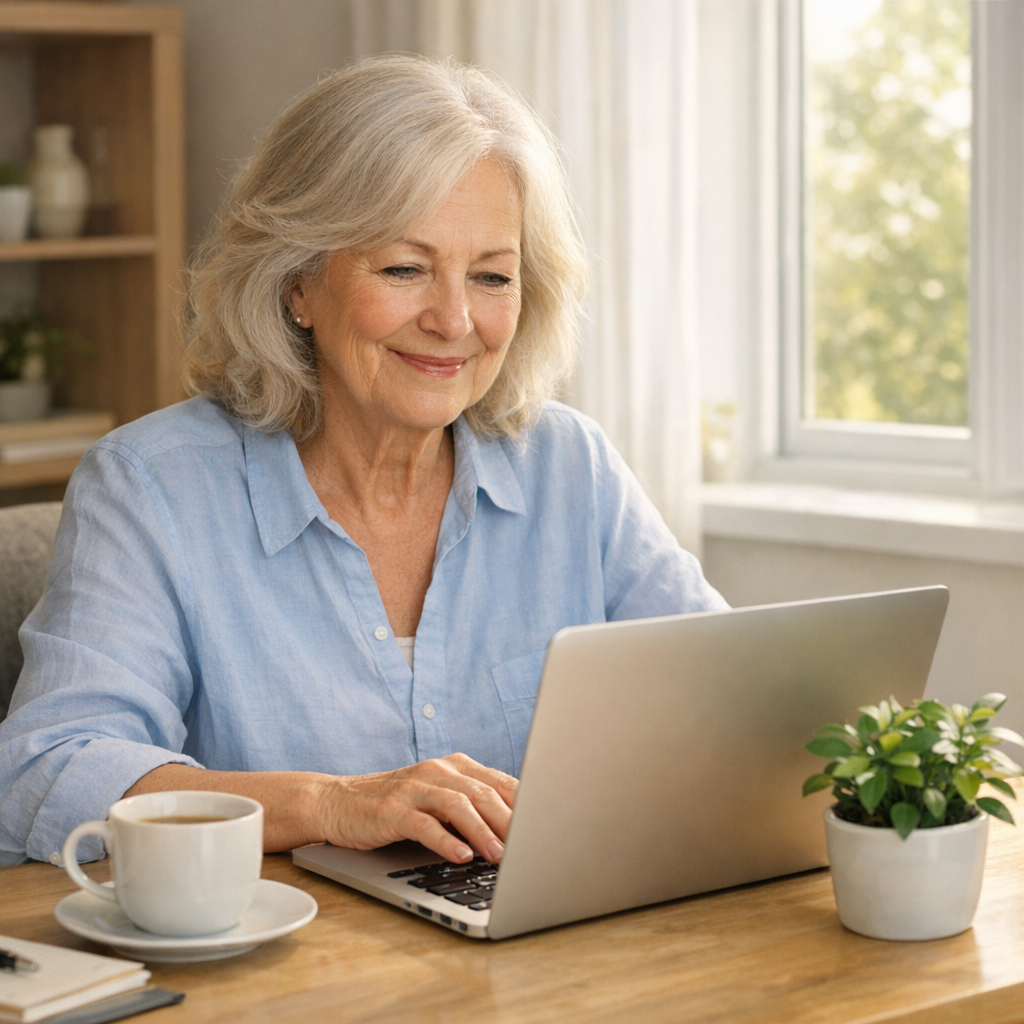 A relaxed senior woman working on a laptop at a sunny home desk, representing low-stress jobs after retirement for seniors