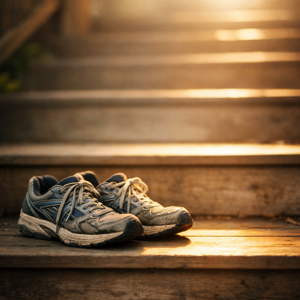 Worn sneakers on the first step of a sunlit staircase, symbolizing the Arthur Ashe quote to start where you are