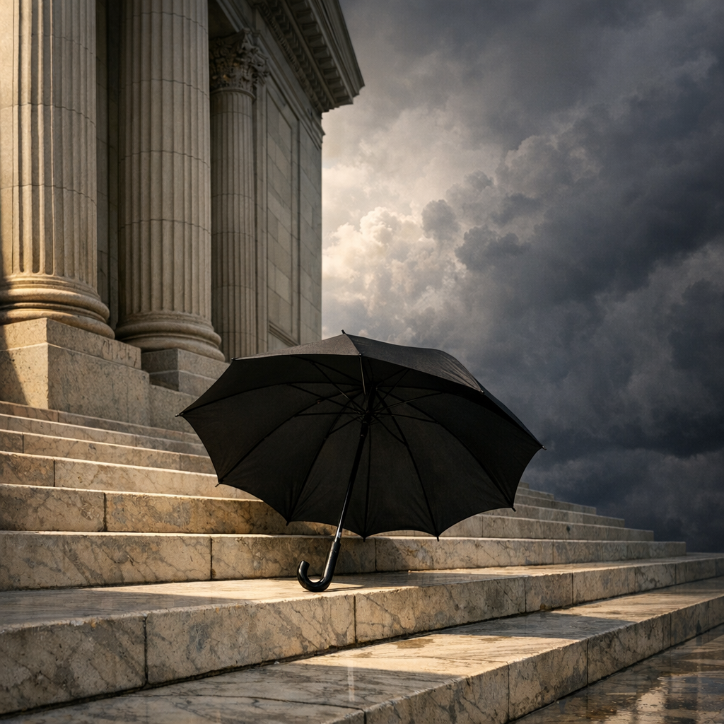 An open umbrella on a bank's marble steps under a sky shifting from clear to stormy, illustrating Robert Frost's bank quote