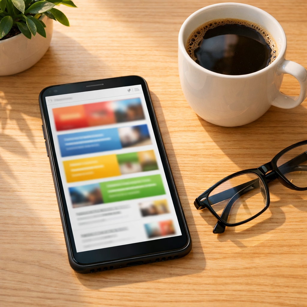 A smartphone on a desk displaying a colorful news app feed beside coffee and glasses, illustrating the best news apps to stay informed