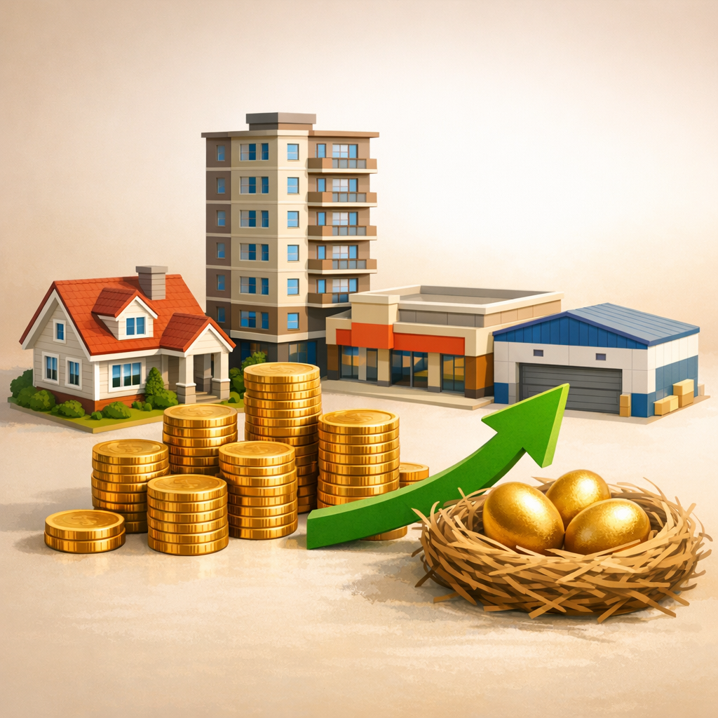 REIT ETFs for retirement illustrated as a diversified mix of property types generating steady dividend income