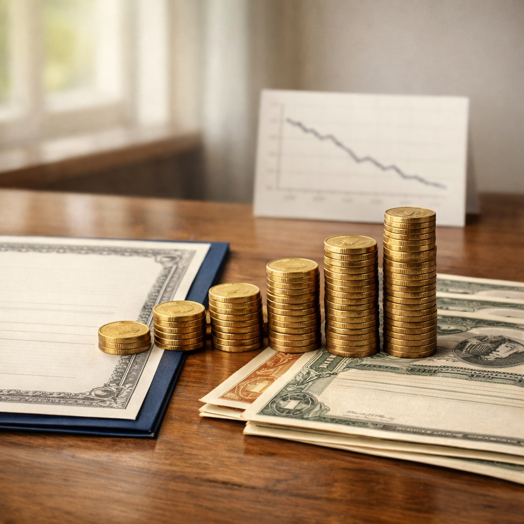 1-year CD rates compared with Treasury yields for 2026, shown with coins and a declining interest rate chart