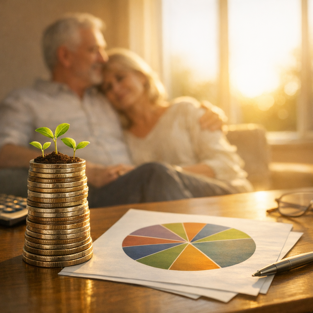 Vanguard dividend ETFs funding retirement income, shown as growing coins with sprouts and a diversified ETF allocation chart