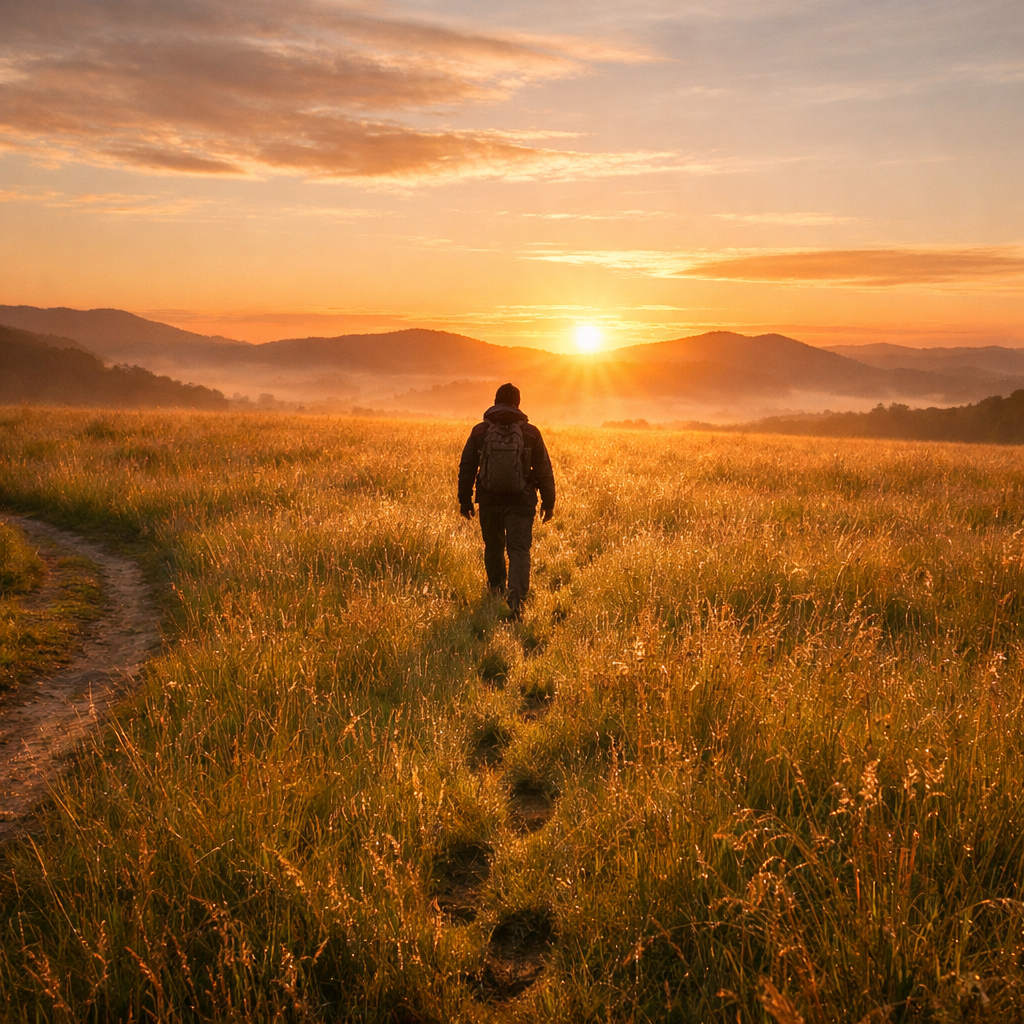 A person leaving the worn path to forge a new trail toward sunrise, illustrating Emerson's quote about going where there is no path