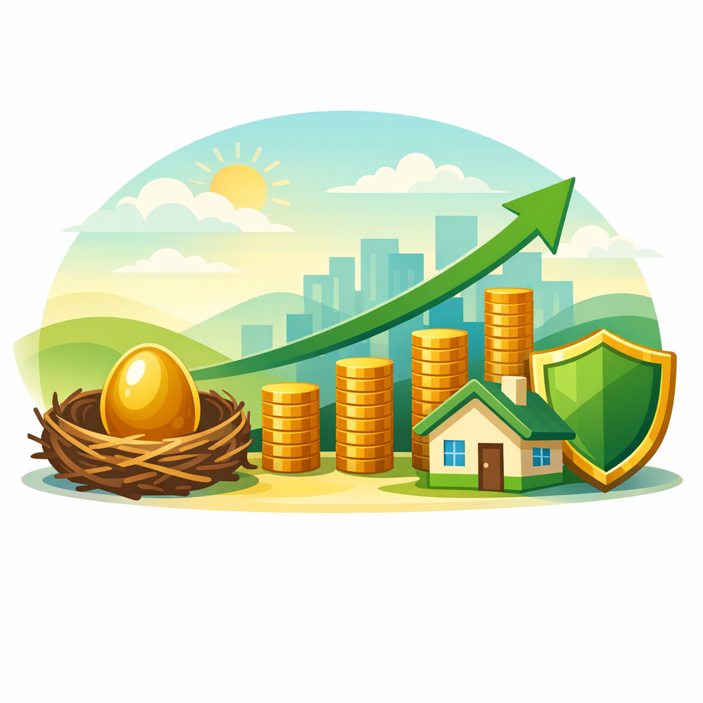 Diversified Roth IRA investments including dividend stocks, real estate, and a nest egg representing tax-free retirement growth