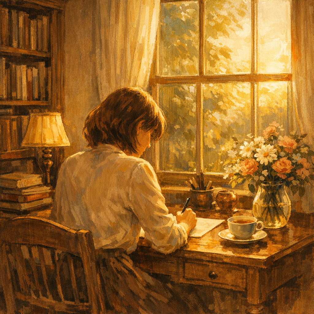 A woman writing at a desk in a quiet room of her own by a sunlit window, evoking Virginia Woolf's call for money and creative independence