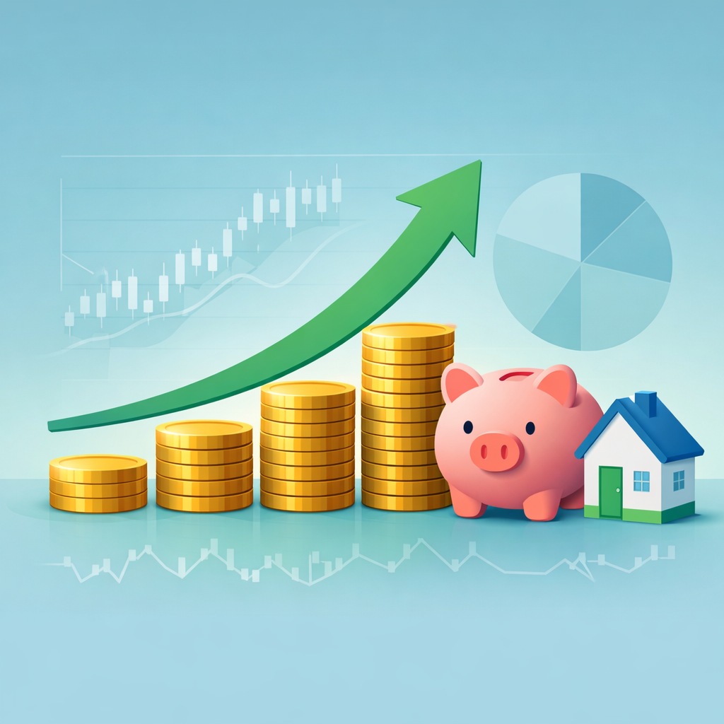 Illustration of high-return investments for retirement with a rising chart, coins, piggy bank and house