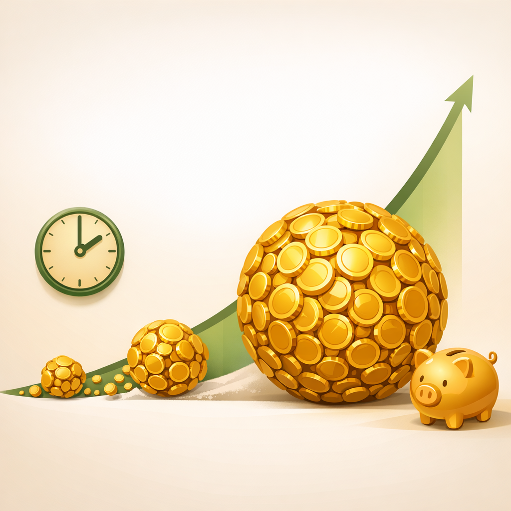 Illustration of compound interest growth for retirement showing a snowball of coins and an exponential rising curve