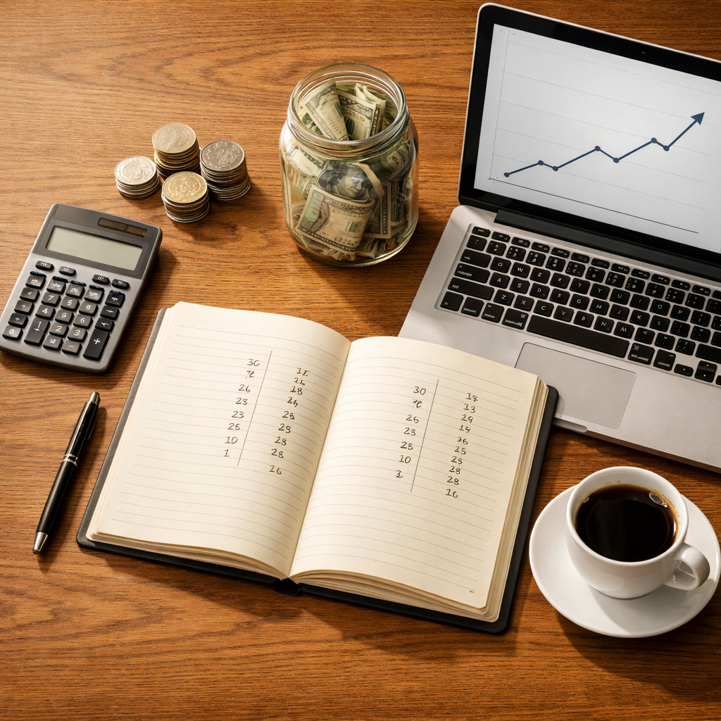 Money management tips in action — a budgeting notebook, calculator, coins, savings jar, and a rising chart on a laptop