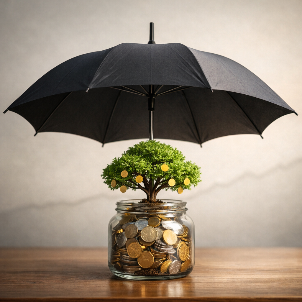 Defensive ETFs for retirement concept — an umbrella sheltering a growing money tree, symbolizing capital protection and steady dividends