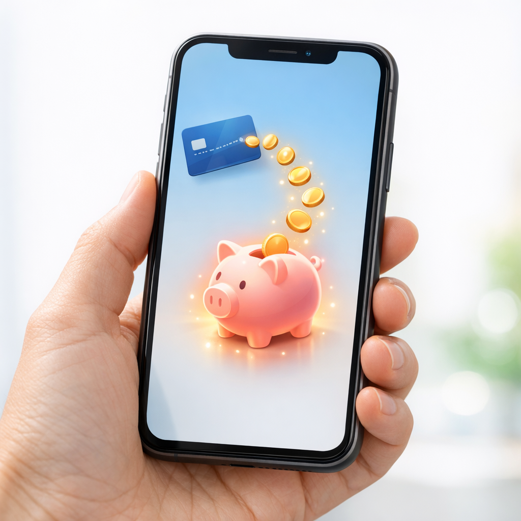 Best automatic savings apps 2026 — a phone automatically moving spare change into a piggy bank