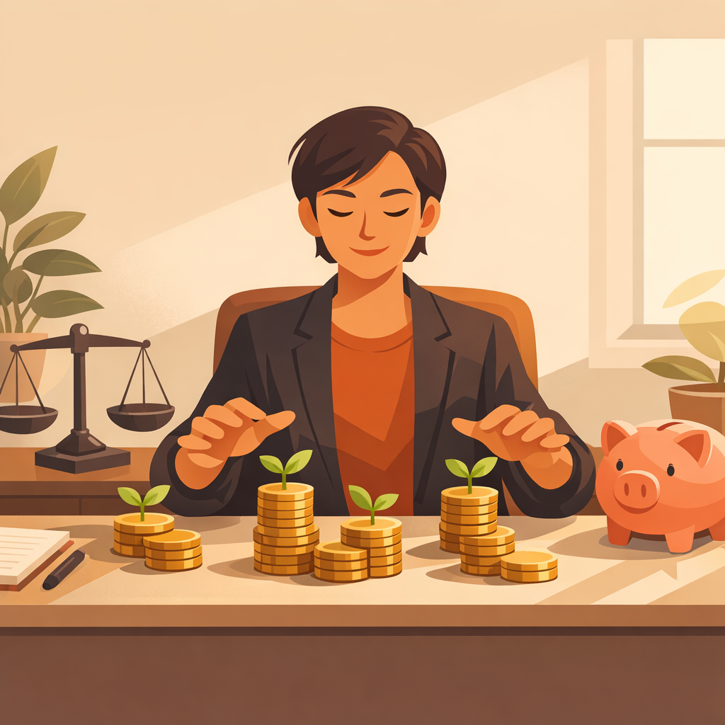 Person calmly managing stacked coins and growing savings, illustrating making money your servant rather than your master