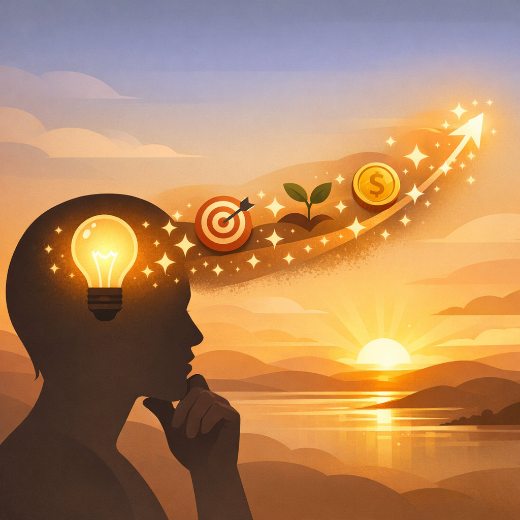 Person visualizing goals with ideas and an upward path emerging from their mind, illustrating we become what we think about