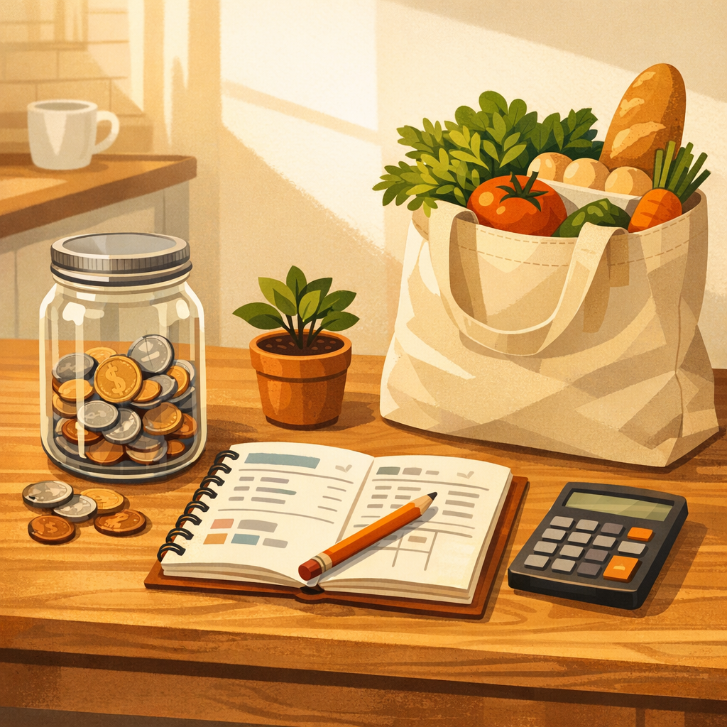Savings jar, budget notebook, groceries and calculator on a table illustrating frugal living and making the most of every dollar